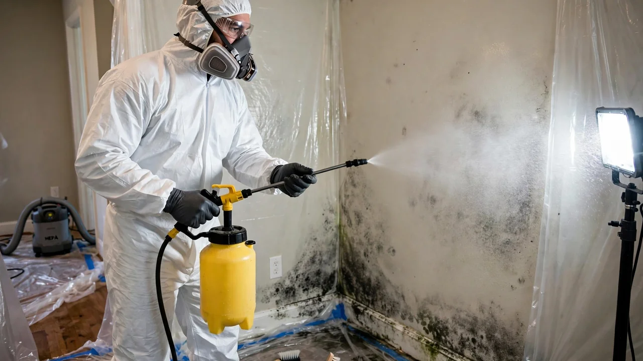 Technician applying antimicrobial treatment for black mold removal in a Tulsa home