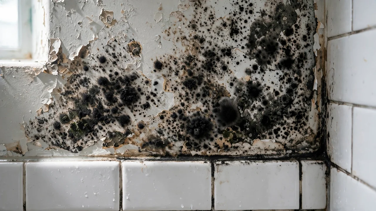 Black mold growth on bathroom drywall in a Tulsa OK home needing black mold removal