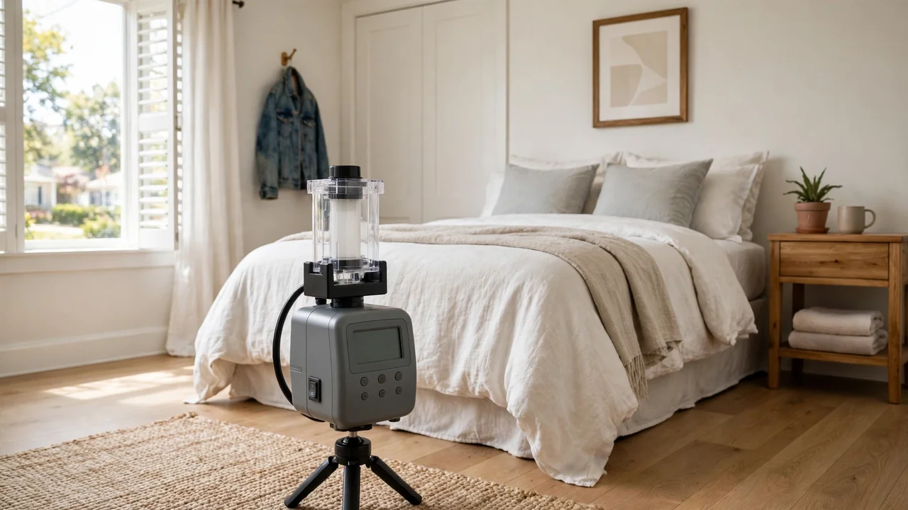 Professional mold air sampling pump during mold inspection and testing in Tulsa OK