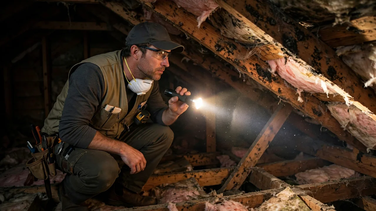 Home inspector examining attic with flashlight during mold inspection in Tulsa OK