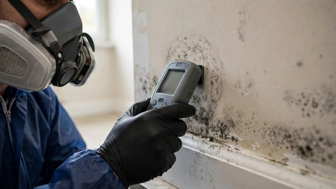 Technician checking wall moisture during mold remediation in Tulsa OK