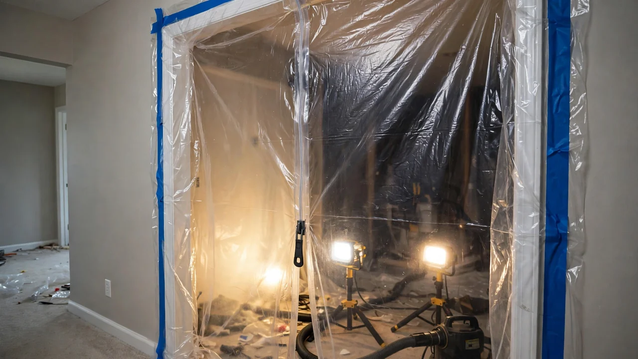 Plastic containment barrier installed for mold remediation in a Tulsa OK home