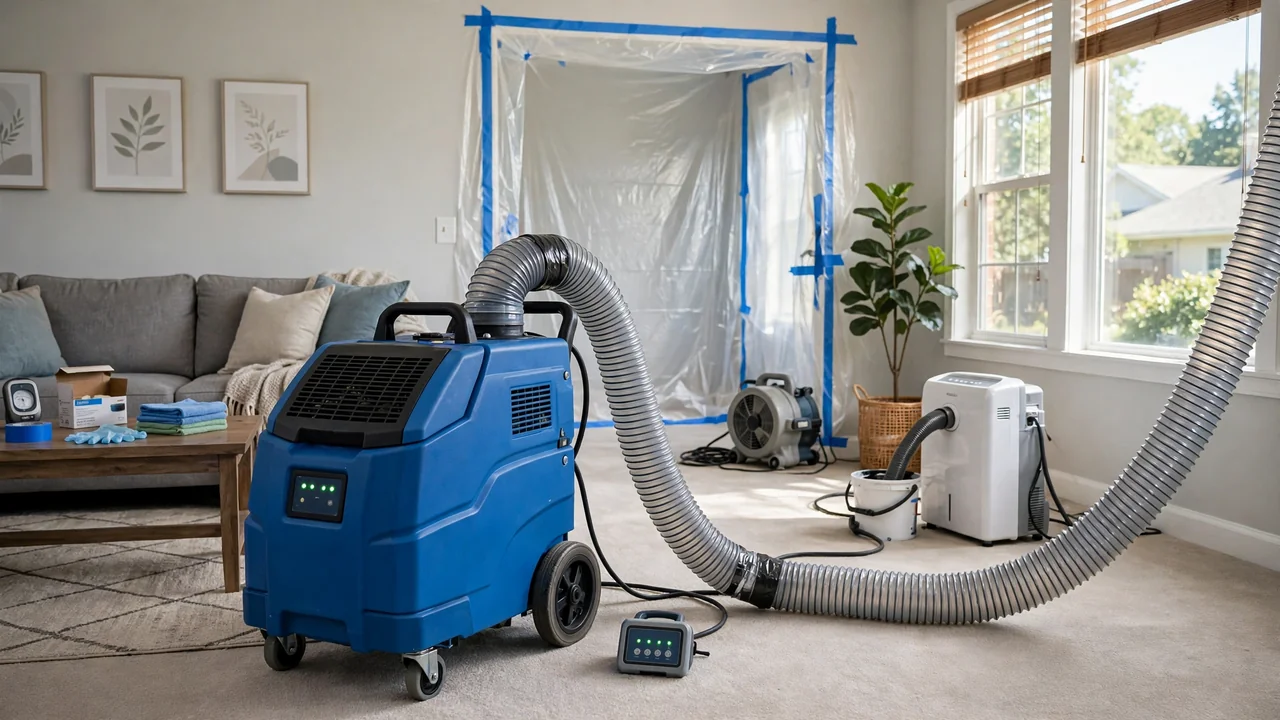 HEPA air scrubber running during mold removal in a Tulsa OK living room