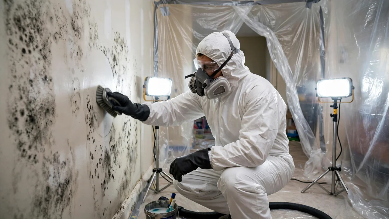 Technician performing mold removal in a Tulsa OK home wearing protective gear