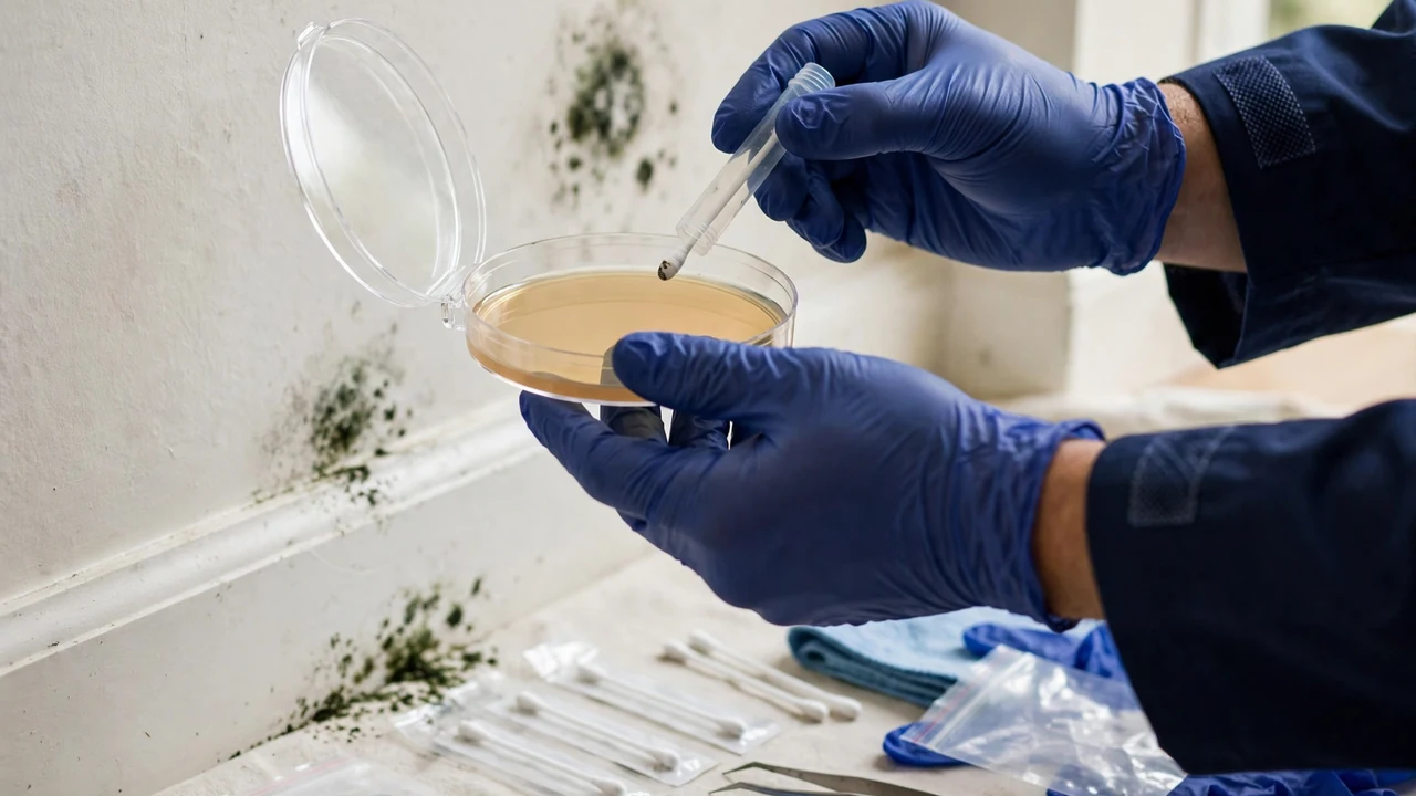 Gloved technician collecting a swab and petri dish sample from visible mold on a wall during mold testing Tulsa