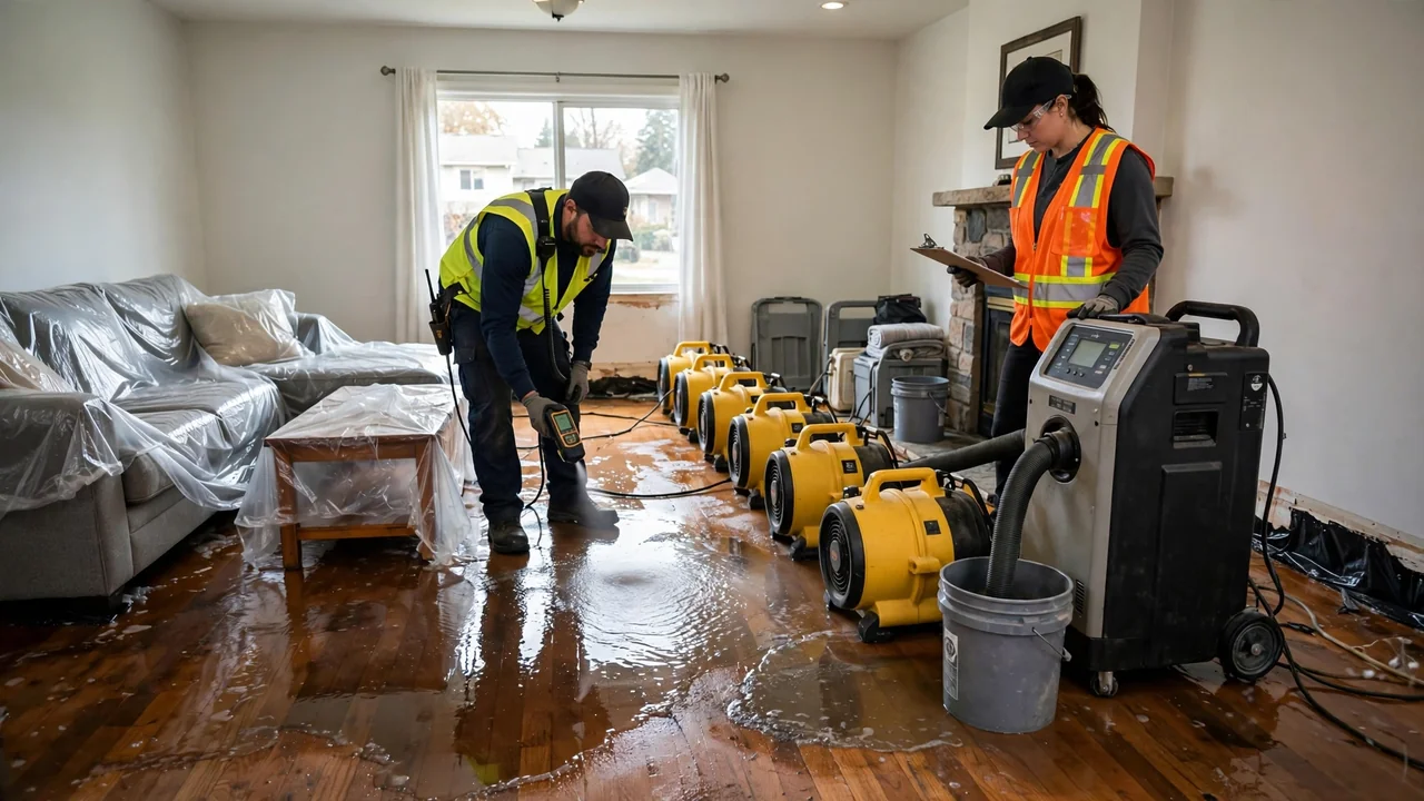 Water damage restoration crew drying a Tulsa OK home with air movers and dehumidifier