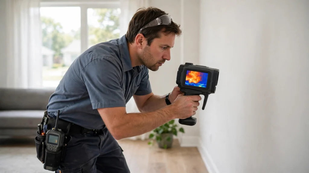 Technician using thermal imaging camera to detect hidden mold inside a Tulsa home wall