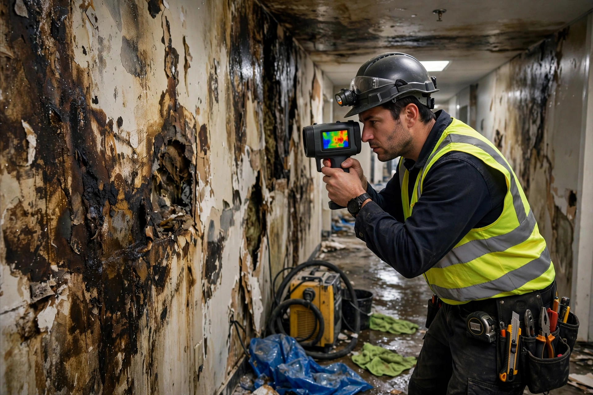 Technician using thermal imaging camera to detect hidden moisture