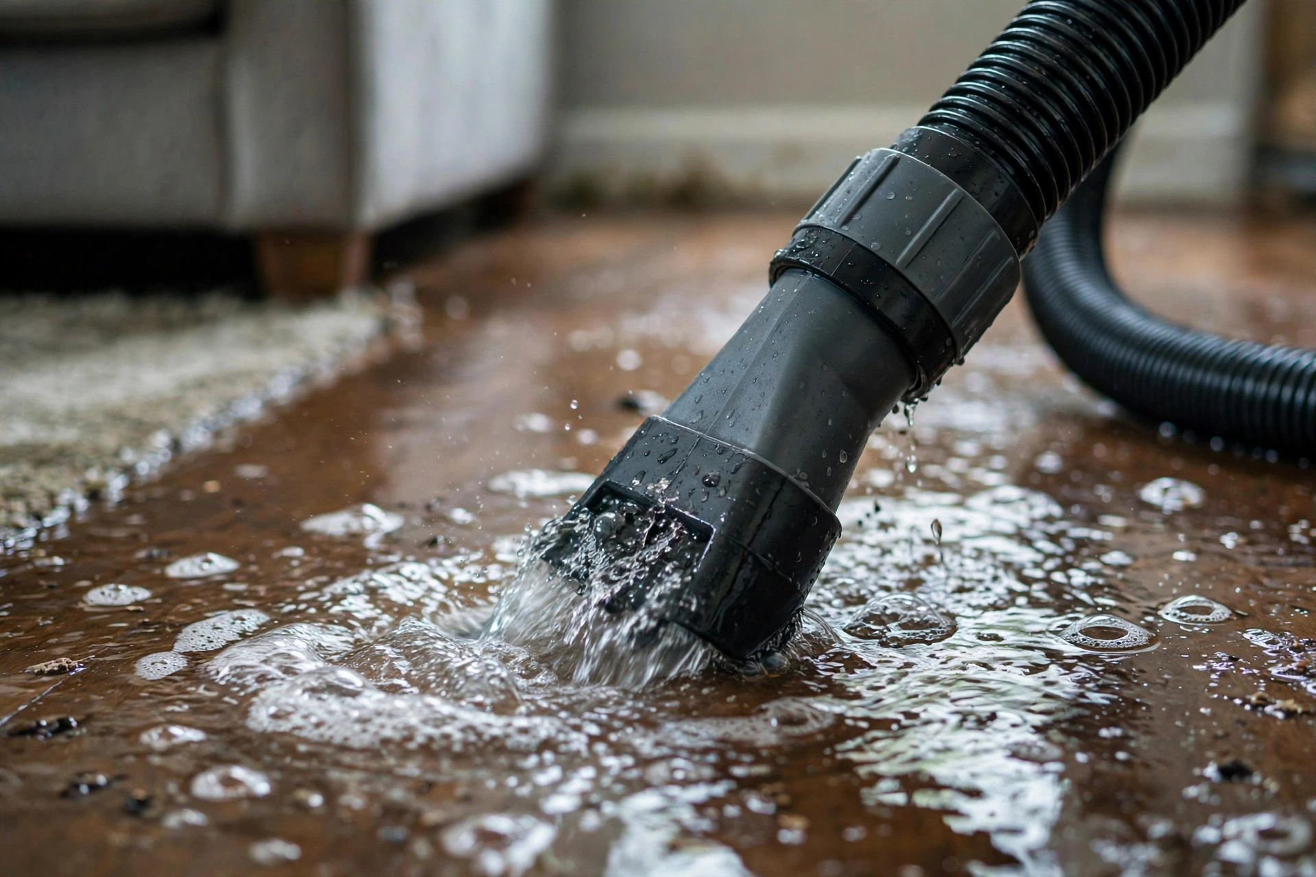 Standing water being extracted from flooded living room floor