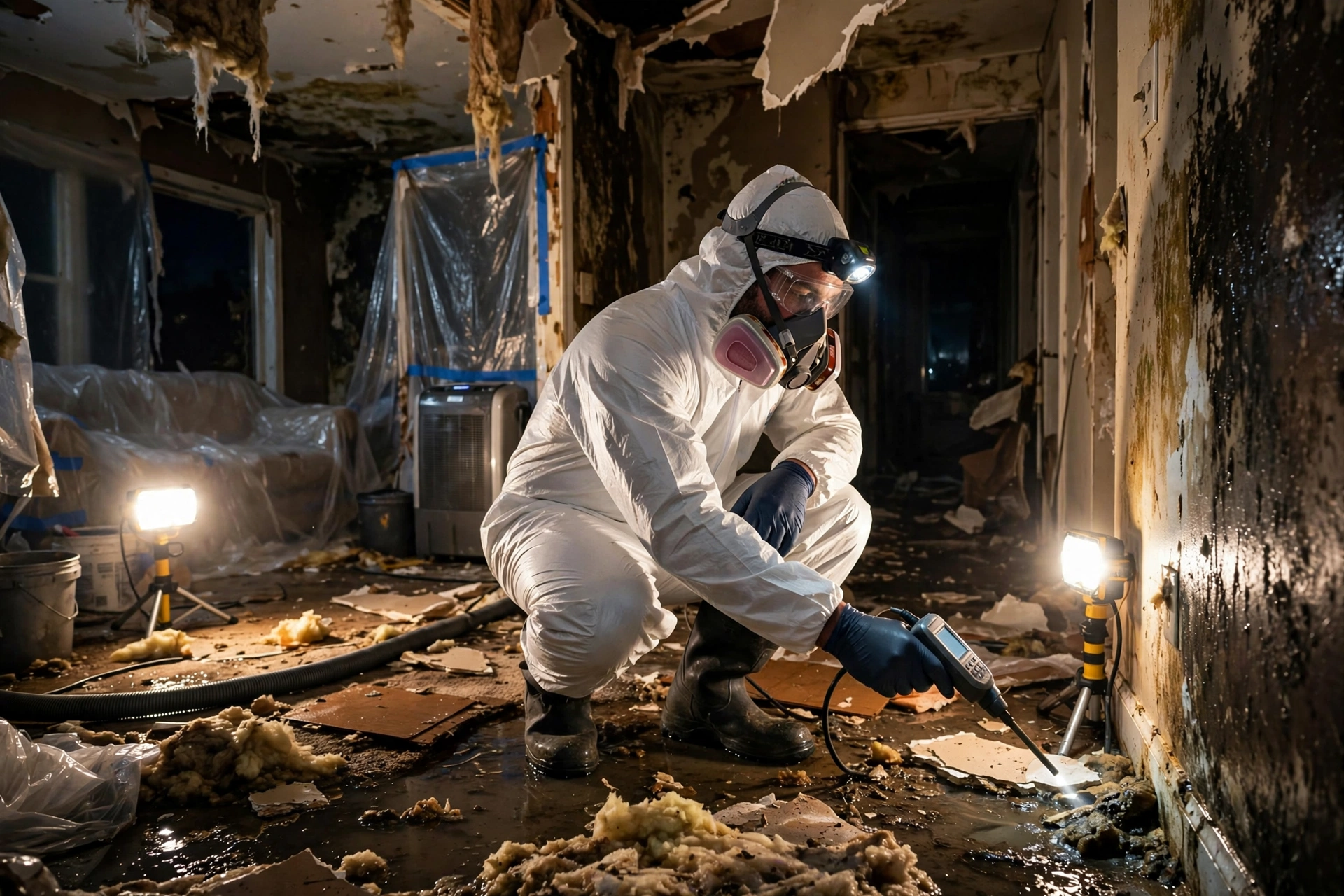 Emergency restoration technician responding at night