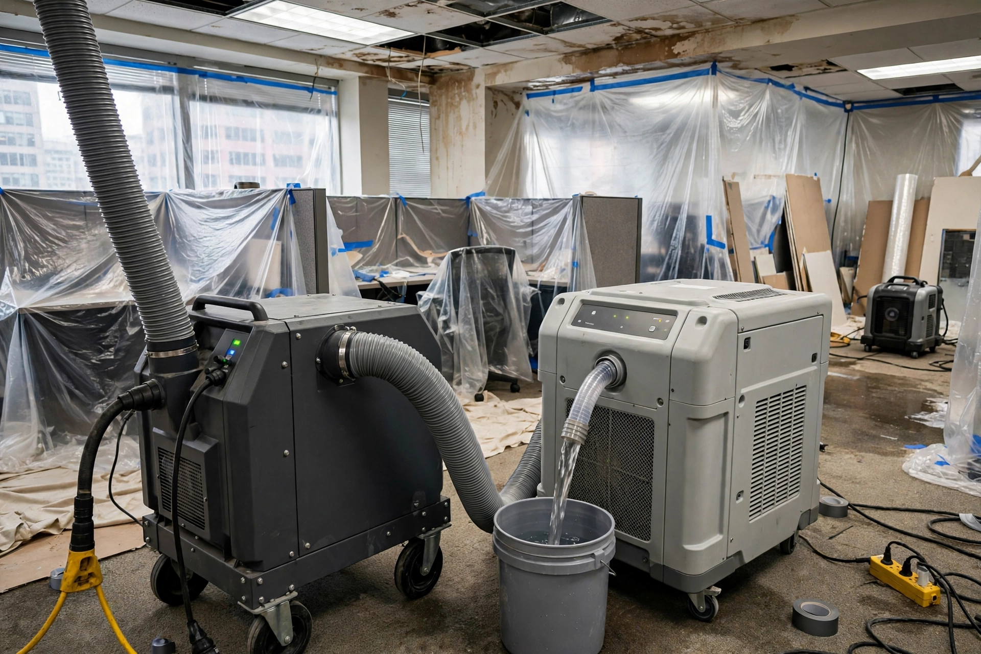 Industrial air scrubbers in commercial office during restoration